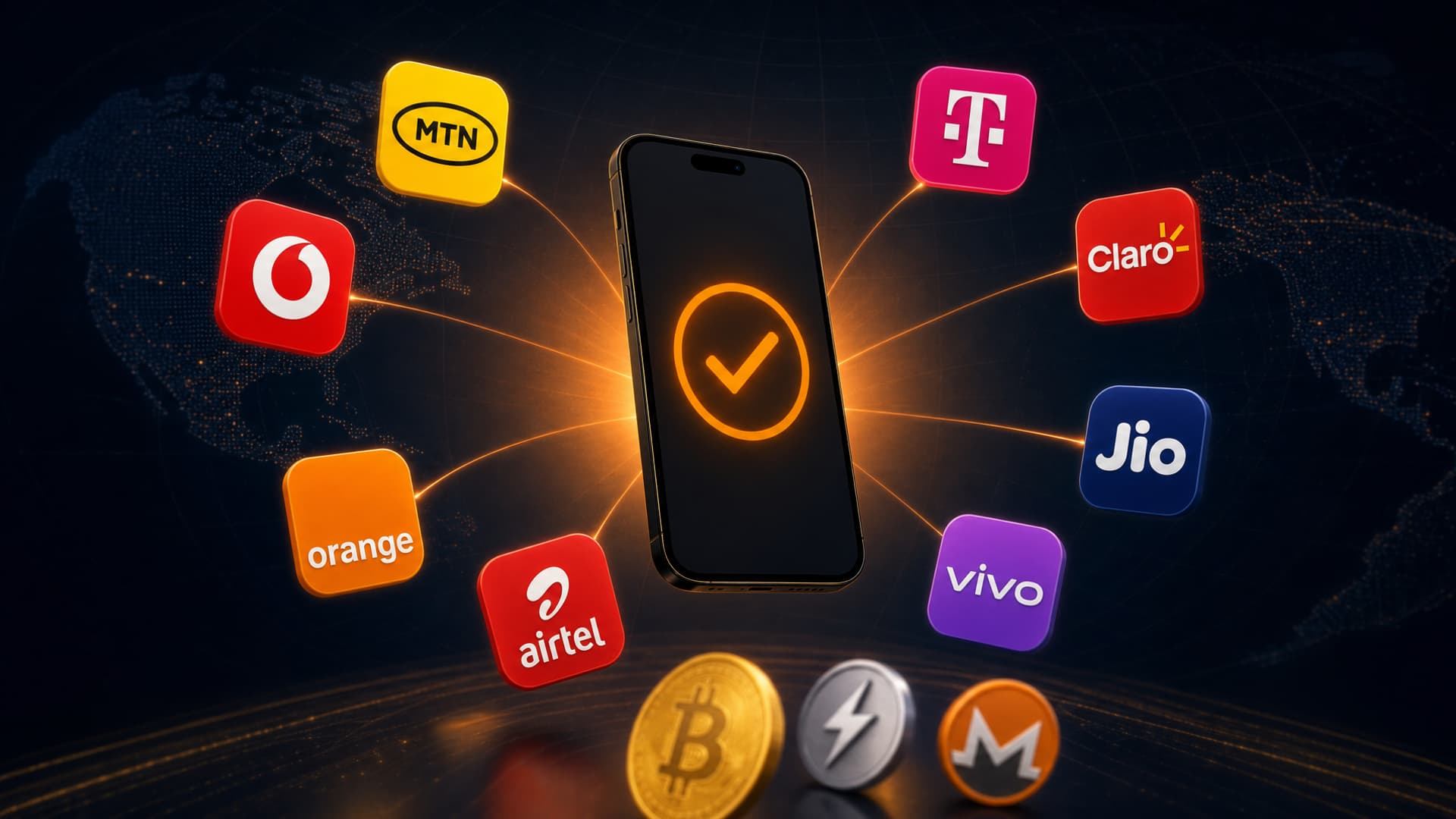 A smartphone surrounded by mobile operator logos — MTN, Vodafone, Orange, Airtel, T-Mobile, Claro, Jio, vivo — and Bitcoin, Lightning and Monero coins